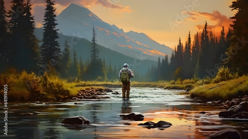 Photographie Fisherman catching trout on a river. Generative Ai