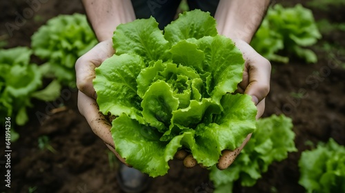 From above big green lettuce in hands on loose soft earth in garden, AI Generative