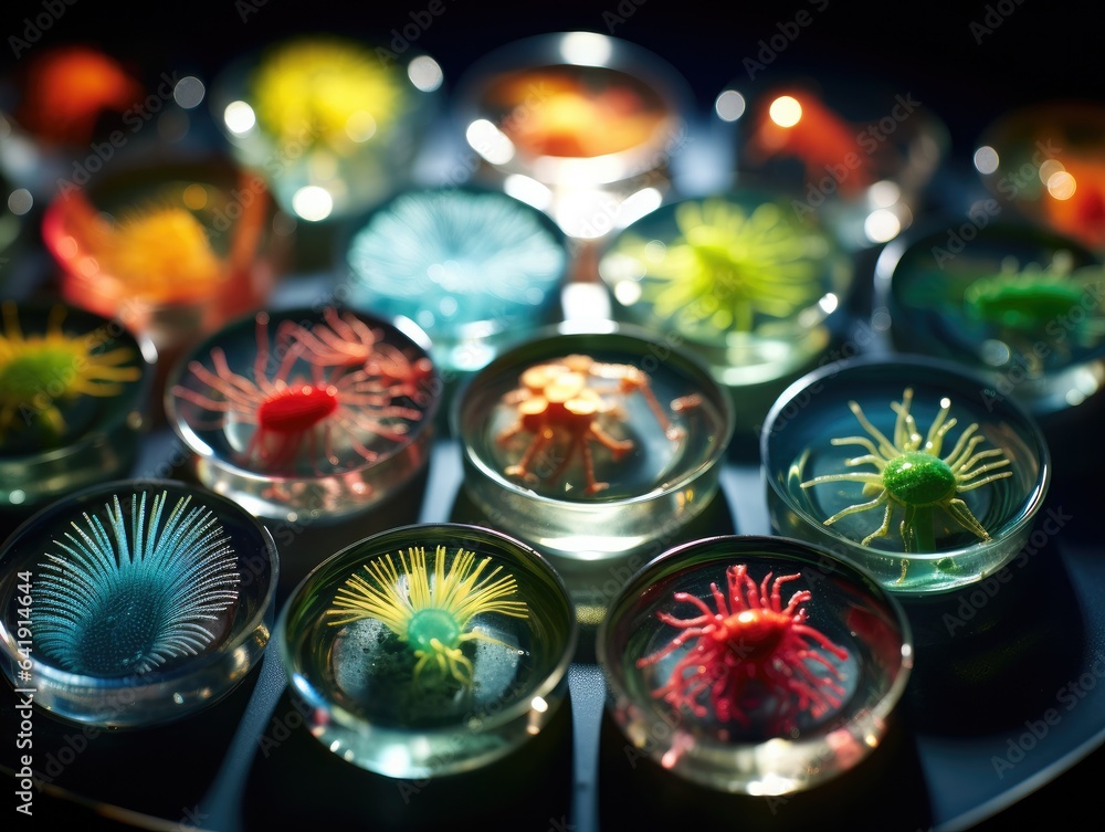 A plate with a bunch of different colored plants in glass bowls. Generative AI. A plate with a bunch of different colored plants in glass bowls. Generative AI.