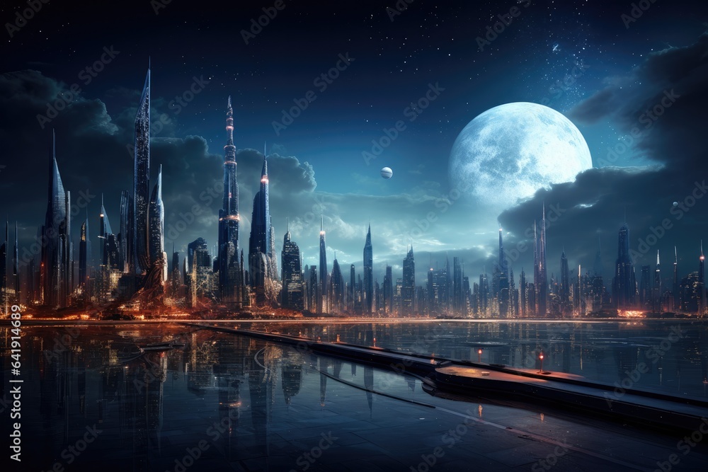 A futuristic city at night with a full moon in the sky. Generative AI.