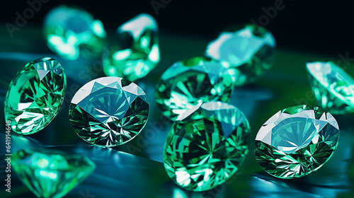 Shiny Green Color Diamonds on a Glistening Blue Surface