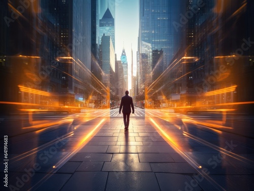 A man walking down a city street at night. Generative AI.