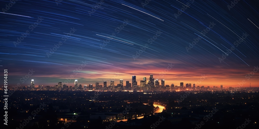 A view of a city at night with a star trail in the sky. Generative AI.