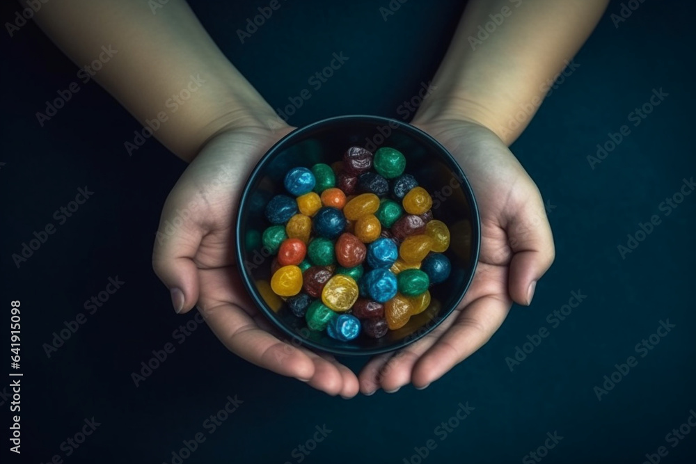 Holding bowl of candies, top view image of woman and child hand holding bowl of candies. Isolated dark blue background, copy space. Ramadan feast celebration concept idea. Greetings banner Holding bowl of candies, top view image of woman and child hand holding bowl of candies. Isolated dark blue background, copy space. Ramadan feast celebration concept idea. Greetings banner