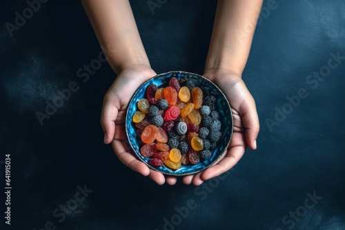 Holding bowl of candies, top view image of woman and child hand holding bowl of candies. Isolated dark blue background, copy space. Ramadan feast celebration concept idea. Greetings banner