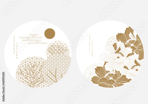 Hand drawn cloud with Japanese cloud and flower pattern vector. Oriental decoration with logo design, flyer, banner or presentation in vintage style. Brown watercolor texture.