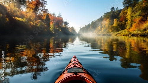Fotografia kayak sailing down a river on a sunny autumn day against yellow foliage trees and fog reflected in the water