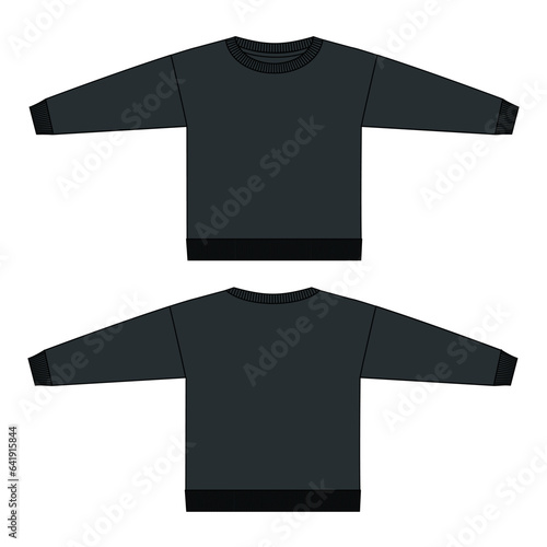 Cotton fleece fabric Long sleeve sweatshirt technical drawing fashion flat sketch vector illustration black color template for kids isolated on white background.