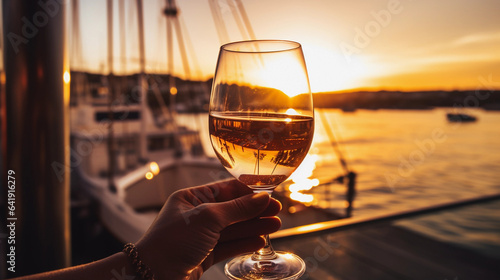 Hand Holding a Wine Glass with a Captivating Sunset in the Background photo