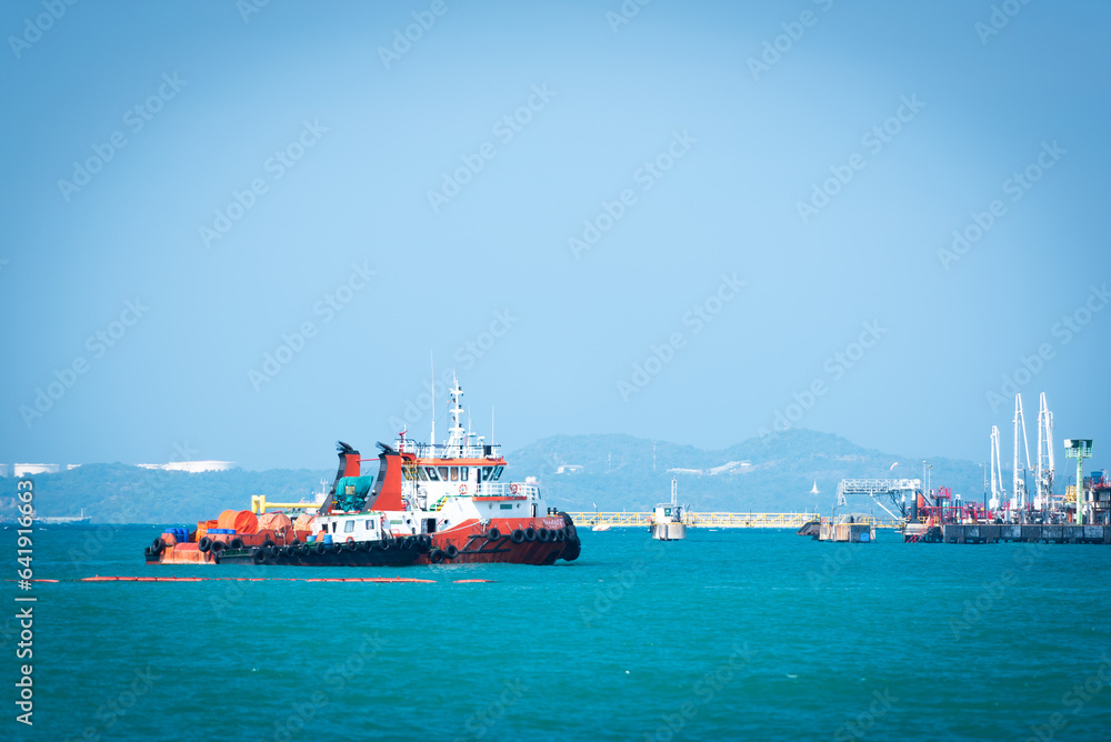 large tugboat waiting to work at sea