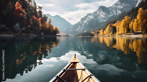Kayak on alpine lake in fall, AI Generative