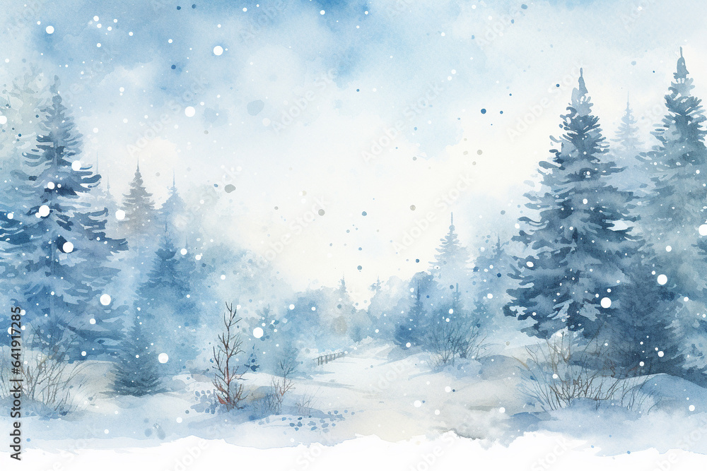 Winter landscape with fir trees in snow mountain in watercolor style. Holiday digital watercolor illustration for design on Christmas and New Year card, poster or banner. Generative AI.