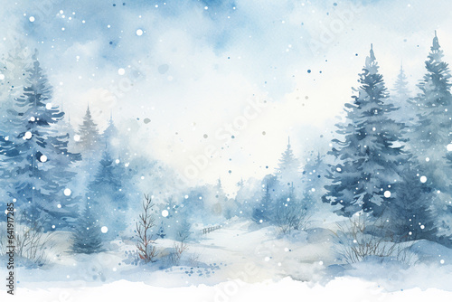 Winter landscape with fir trees in snow mountain in watercolor style. Holiday digital watercolor illustration for design on Christmas and New Year card, poster or banner. Generative AI.