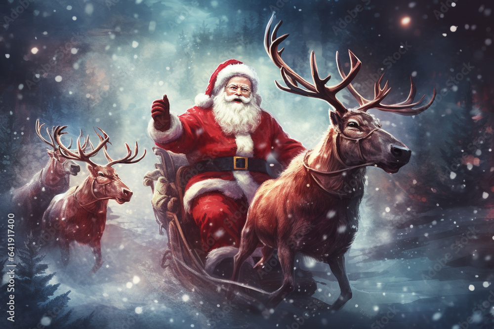 Reindeers pulling Santa Claus sleigh in winter background. Holiday digital illustration for design card, poster or banner in Christmas festival. Generative AI. Reindeers pulling Santa Claus sleigh in winter background. Holiday digital illustration for design card, poster or banner in Christmas festival. Generative AI.
