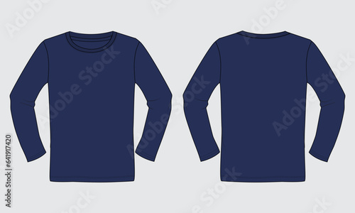 Long sleeve t shirt flat style vector illustration navy color template front and back views. Apparel clothing design navy color mock up isolated on white background