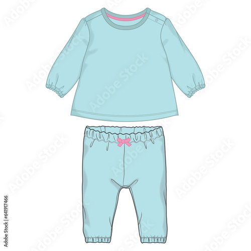 Baby girls dress design tops and pants technical drawing fashion flat sketch vector illustration template 