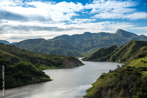 Dam between mountains in the department of Huila in Colombia.