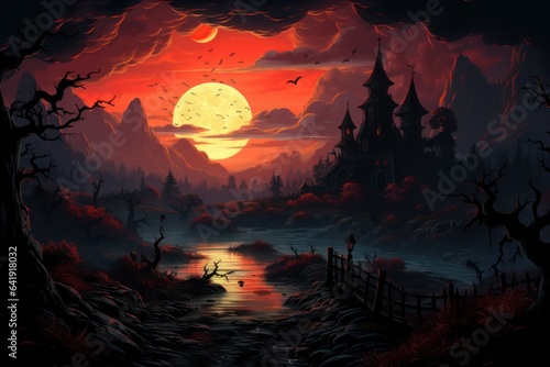 Halloween night scene with moon, Halloween night scene with pumpkin, Hunting house, illustration © Amazinart