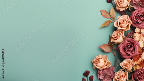 Dried red and gold roses border banner, aqua green blue background © piknine