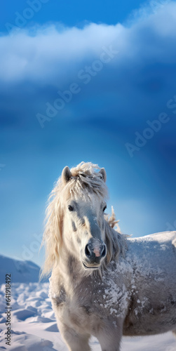 Beautiful portrait of a white horse on a winter wonderland  blue sky