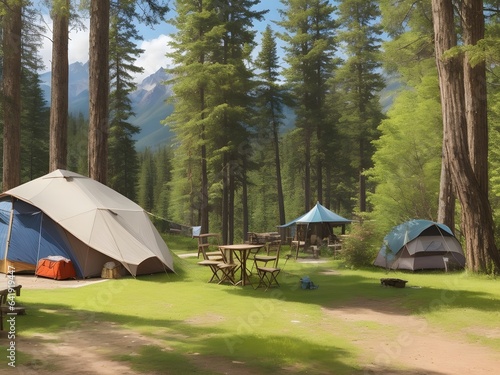 A rustic tourist camp in the mountains, with a weathered tent in the foreground, surrounded by towering trees.