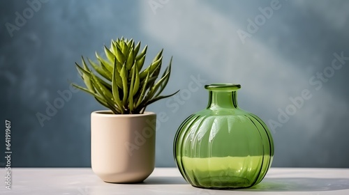 Minimalistic still life with green glass vase and mini cactus plants  AI Generative