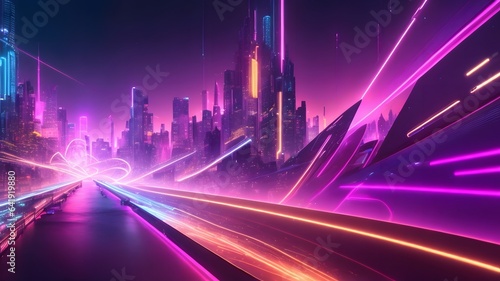 Abstract view of a futuristic cityscape  illuminated by a dazzling display of pink and blue neon lights