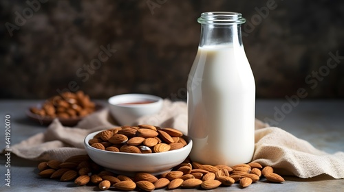Organic almond milk in glass bottle near ceramic bowl with raw almonds on stone table in the kitchen ready for cooking  AI Generative