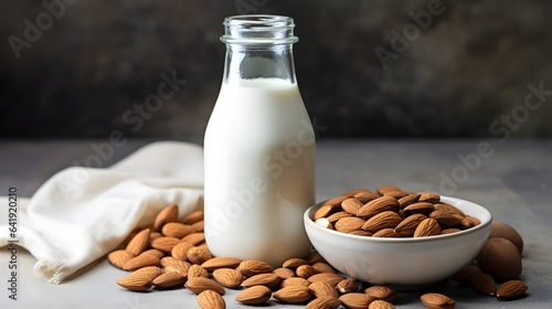 Organic almond milk in glass bottle near ceramic bowl with raw almonds on stone table in the kitchen ready for cooking  AI Generative