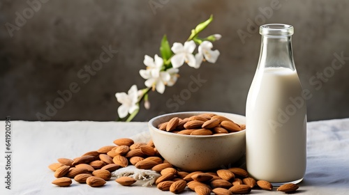 Organic almond milk in glass bottle near ceramic bowl with raw almonds on stone table in the kitchen ready for cooking  AI Generative