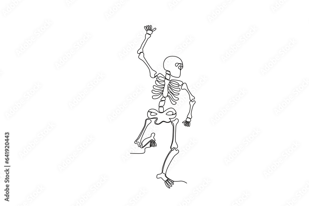 A human skeleton raises its hand while looking sideways. Human skeleton one-line drawing