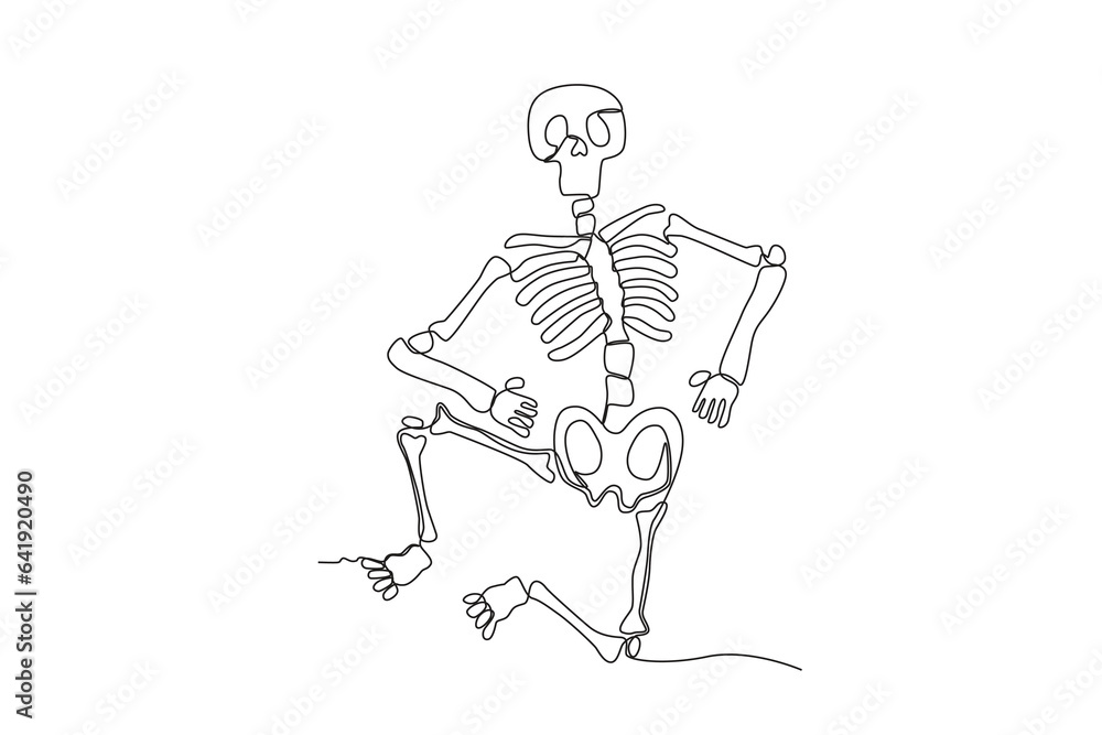 A seated skeleton with legs bent. Human skeleton one-line drawing A seated skeleton with legs bent. Human skeleton one-line drawing