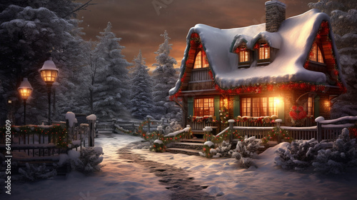 A Christmas cottage decorated for the holiday.