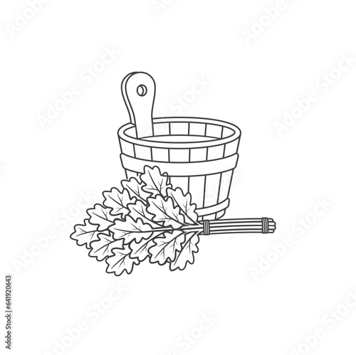 illustration of wooden bucket and sauna whisk, sauna equipment.