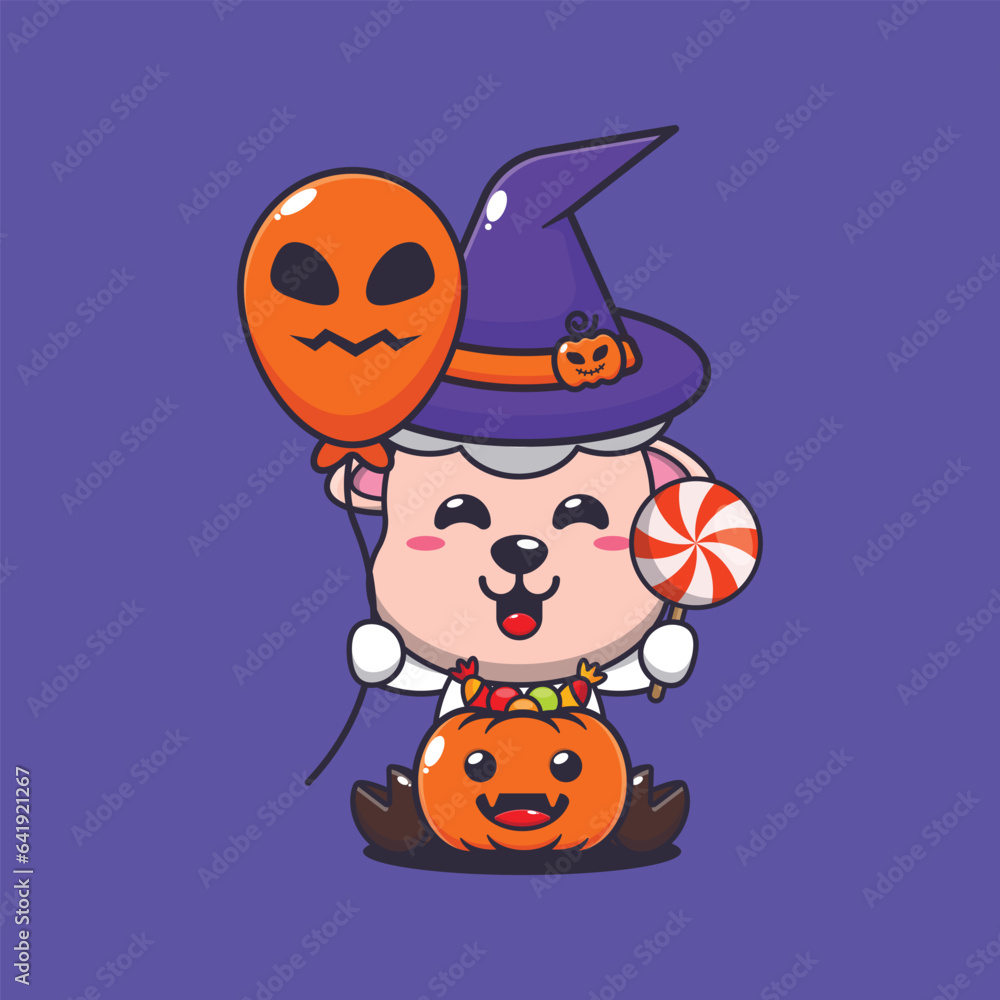 Witch sheep holding halloween balloon and candy. 