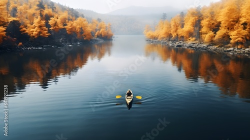 Fotografie, Obraz Person rowing on a calm lake in autumn, aerial view only small boat visible with serene water around - lot of empty copy space for text