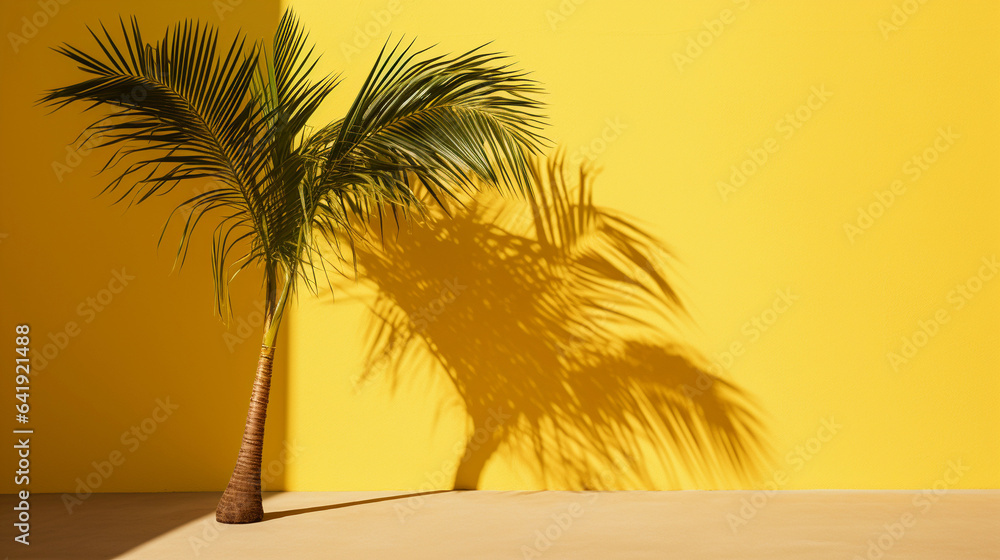 Fototapeta premium A Tranquil Scene with Palm Tree Shadows on a Radiant Yellow Background, Capturing the Essence of Tropical Bliss and Serene Sunshine Serenity