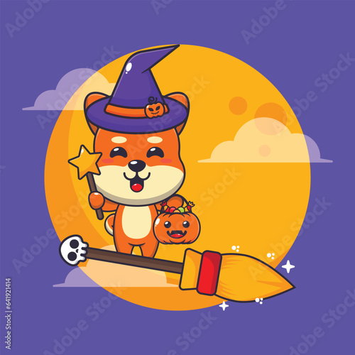 Witch shiba inu fly with broom in halloween night.