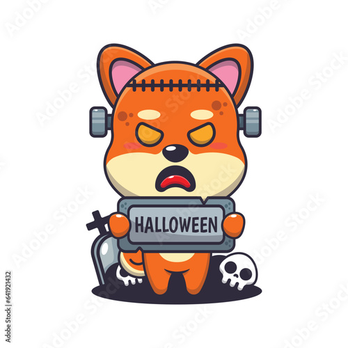 Zombie shiba inu holding halloween greeting stone.