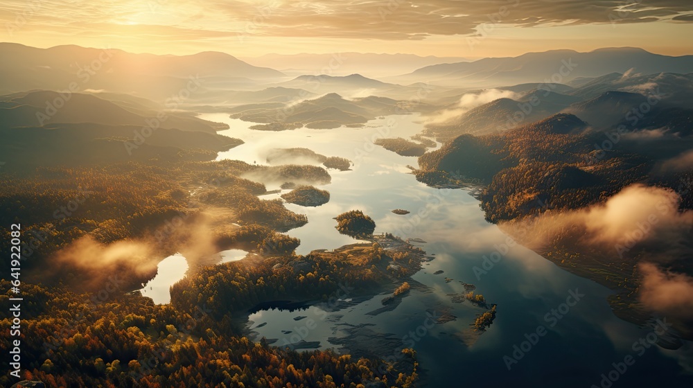 Lake in warm morning light from an aerial view