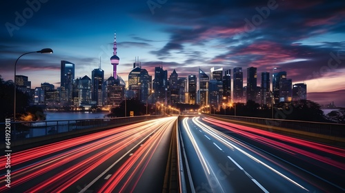 The motion blur of a busy urban highway during the evening rush hour. The city skyline serves as the background  illuminated by a sea of headlights and taillights. Generative AI