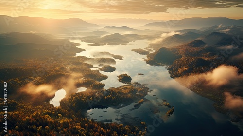 Lake in warm morning light from an aerial view