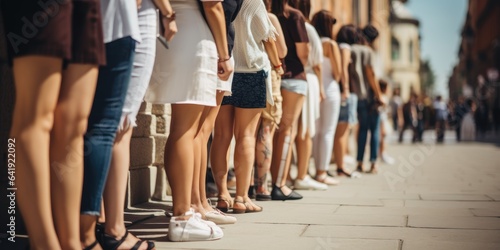 Group of people standing in a line on the street. Generative AI