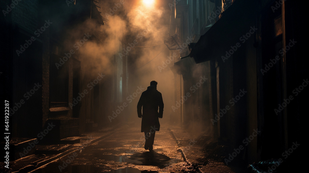 A Figure Amidst Mysterious Smokes in a Dimly Lit Narrow Alleyway