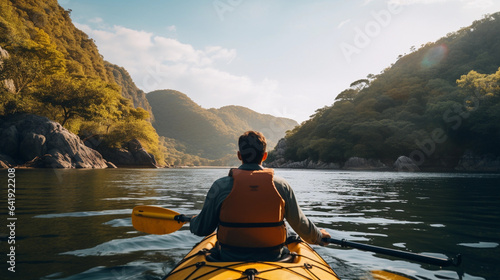 A Person on the Tranquil Lake, Reveling in the Beauty of an Eco-Friendly Activity, Surrounded by Serene Waters and Lush Scenery