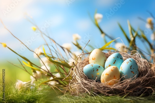 Festive Easter Nest in a Sunny Grass Meadow During Spring – AI Generated