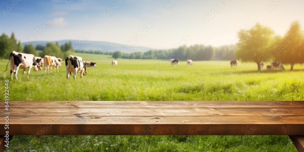 Generative AI : Empty wood table top on nature and blurred rural background of cows on green field. can montage or display your products. Generative AI : Empty wood table top on nature and blurred rural background of cows on green field. can montage or display your products.