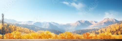 Generative AI : Table background with blurred landscape of autumn mountains