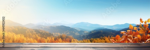 Generative AI : Table background with blurred landscape of autumn mountains