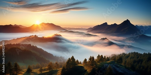 Generative AI : Foggy landscape in the jungle at sunrise. Fog and cloud mountain tropic valley landscape photo